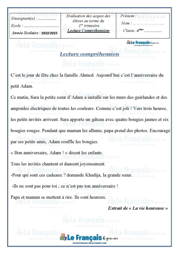 Lecture et compréhension 4ème année Trimestre 2 avec Correction مدرستنا