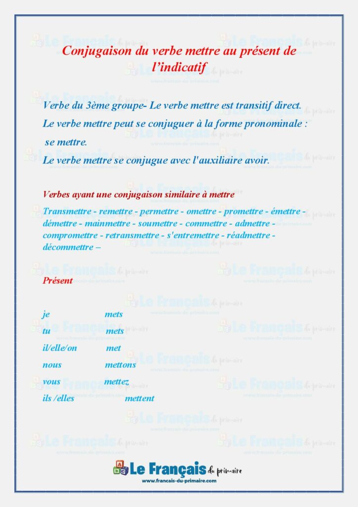 Conjuguer le verbe mettre au présent de l'indicatif  Le français du