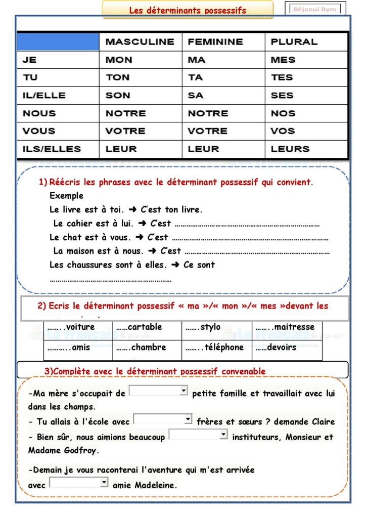 les déterminants possessifs Le français du primaire