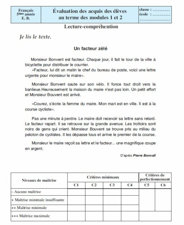 Evaluation N1 module 1 module 2 Le français du primaire