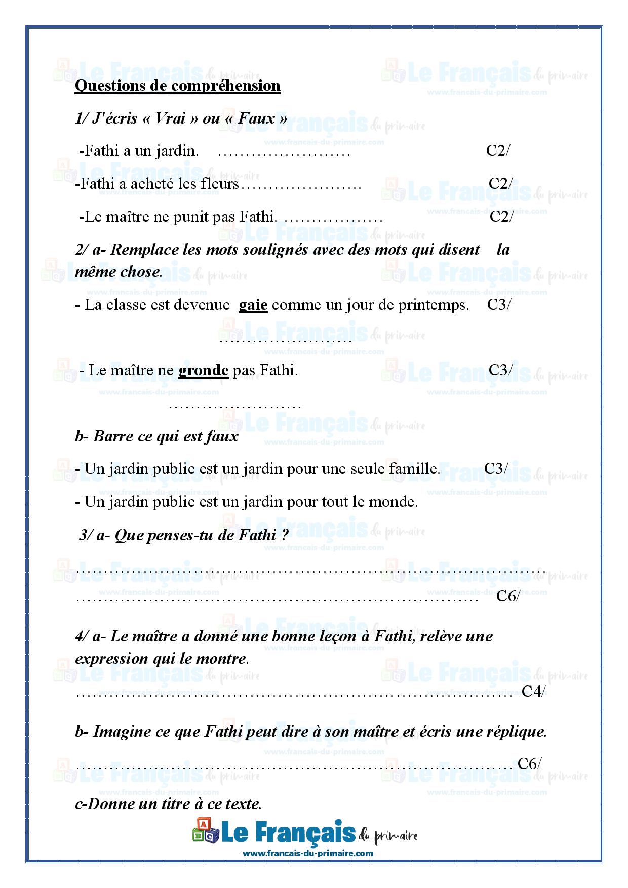 Examen lecture compréhension N2 5ème année 3ème trimestre Le