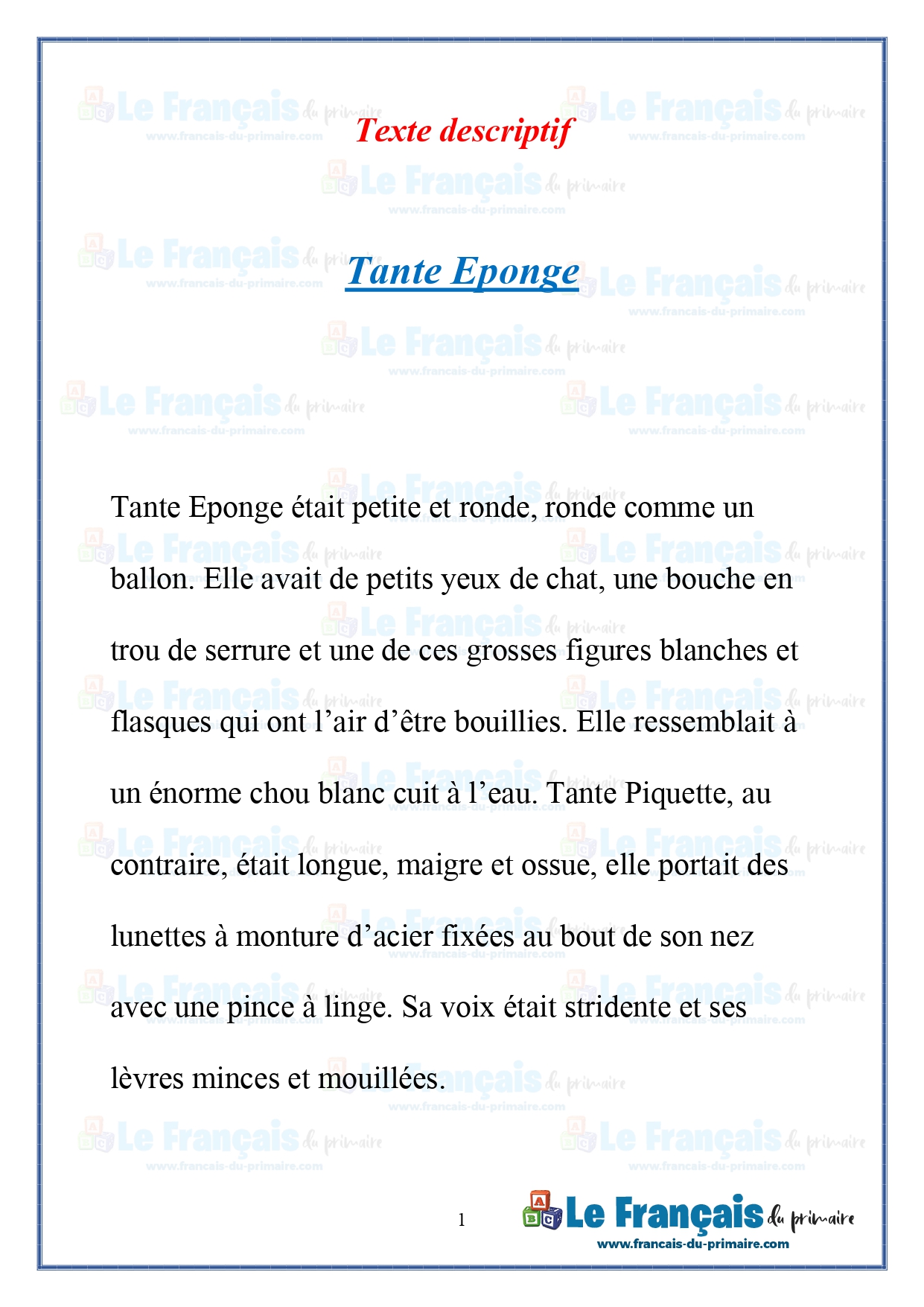 Texte descriptif Tante Eponge  Le français du primaire