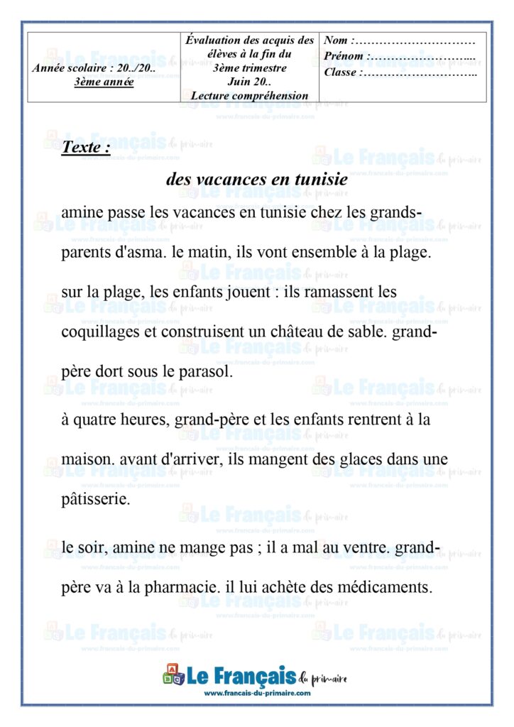 Examen lecture compréhension 3ème exemple 2 Trimestre 3 Le