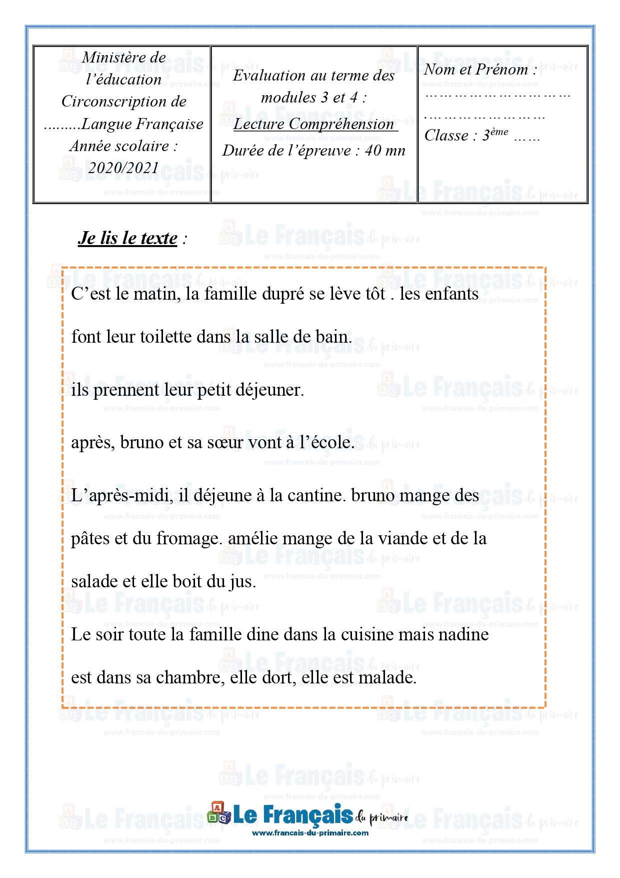 évaluation Français Ce2 3ème Trimestre Pdf Examen de lecture 3ème année trimestre 2 | Le français du primaire