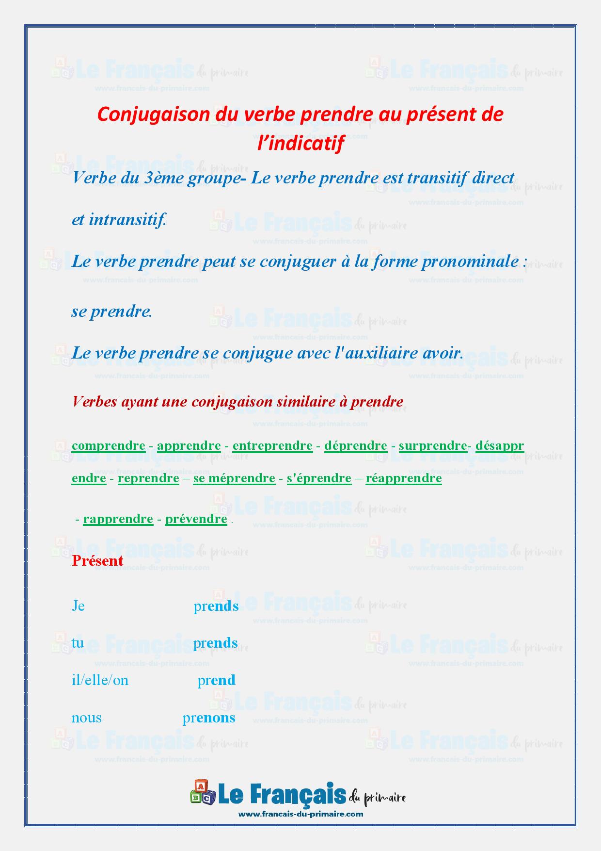 Conjuguer Le Verbe Prendre Au Présent De L'indicatif | Le Français Du ...