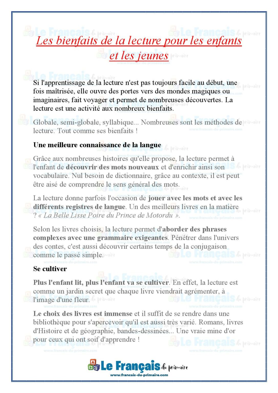 Avantages et bienfaits de la lecture | Le français du primaire