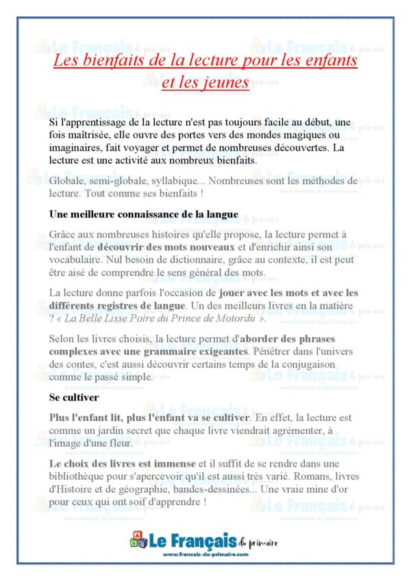 Avantages et bienfaits de la lecture | Le français du primaire