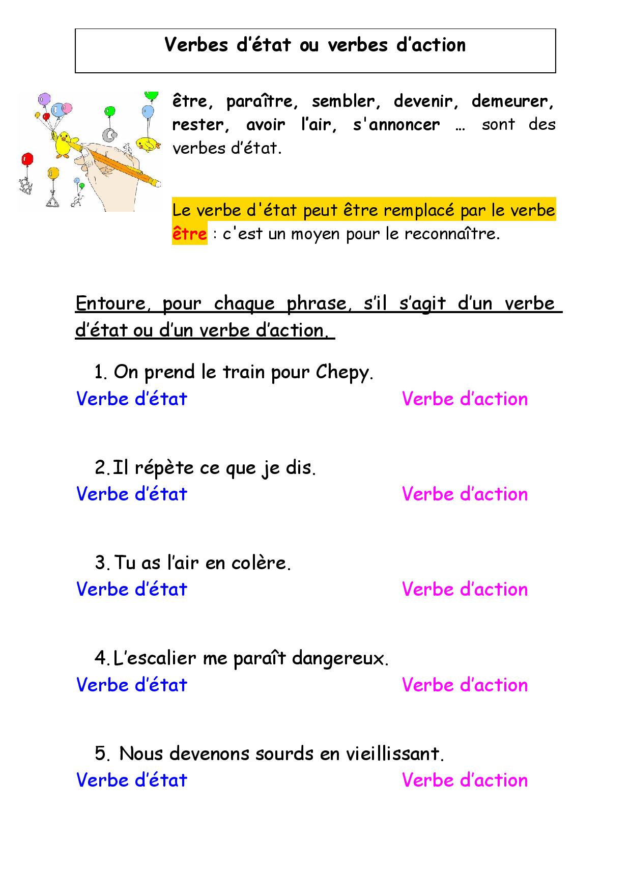 Verbes d’état ou verbes d'action | Le français du primaire