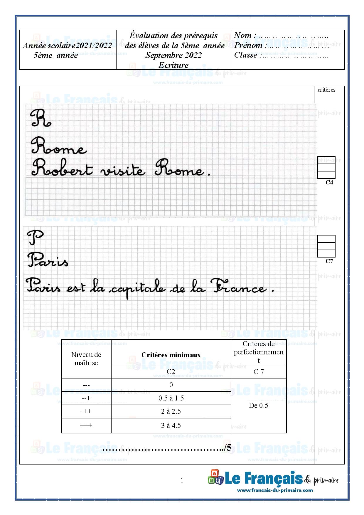 Évaluation de l’écriture /5ème année/prérequis | Le français du primaire