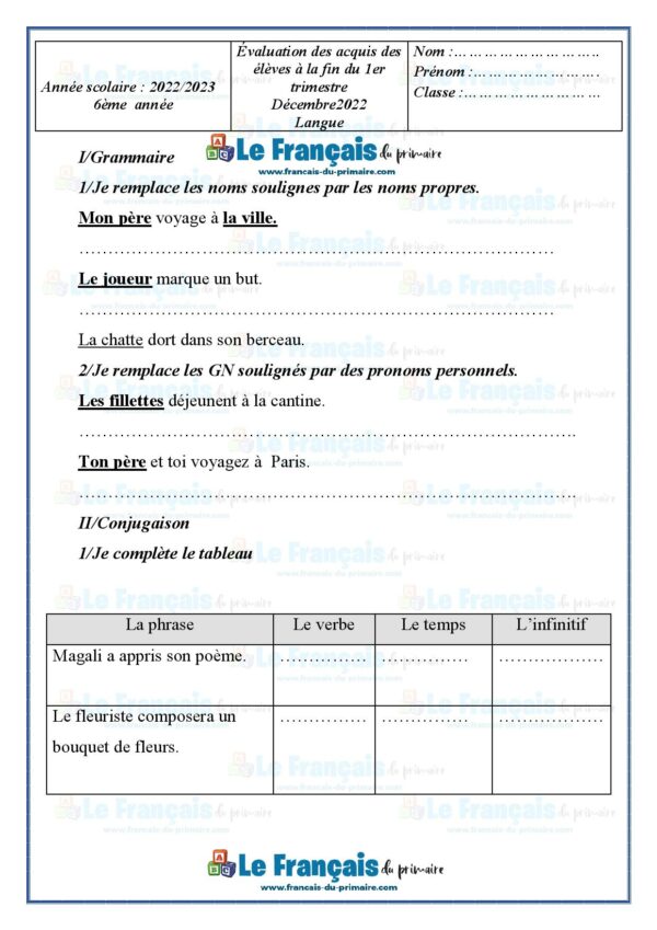 Examen Langue 6 me Ann e Premier Trimestre Le Fran ais Du Primaire