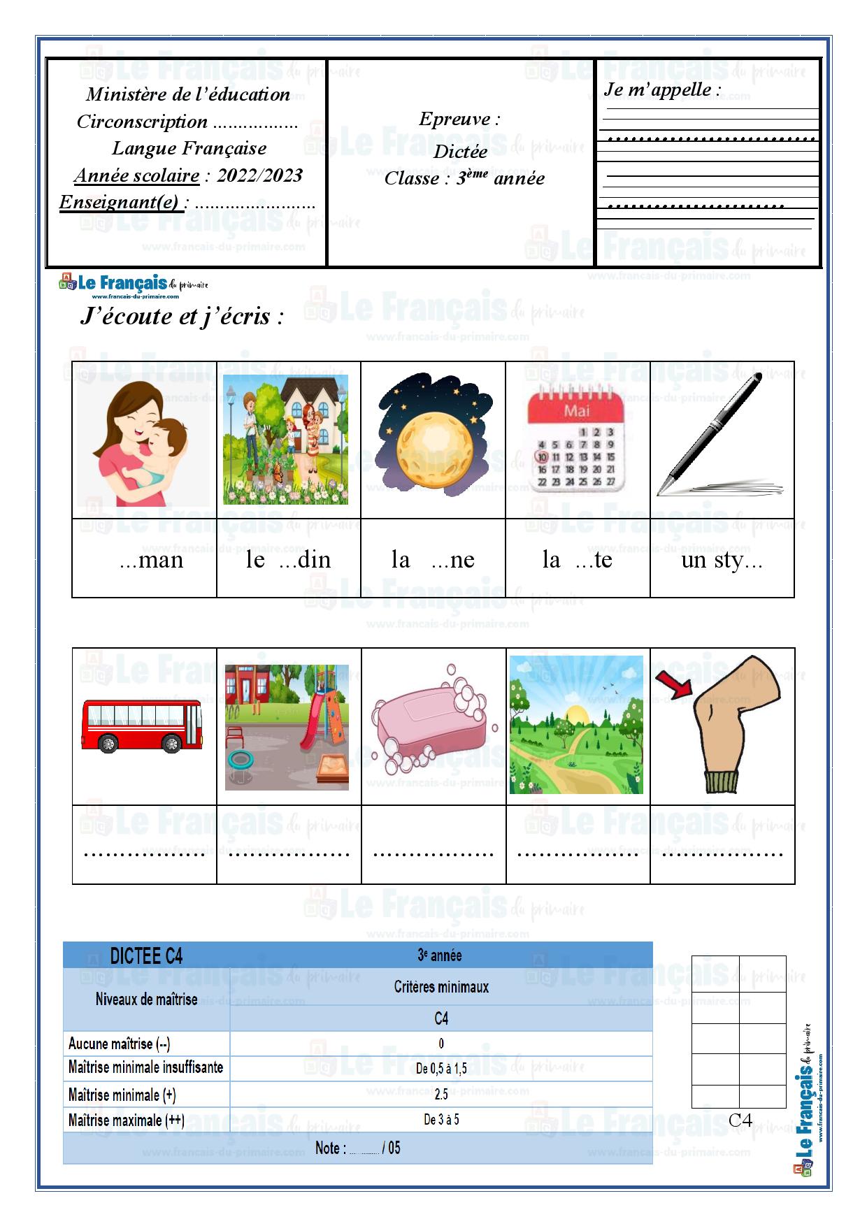 Examen Dictée 3ème année (correction) | Le français du primaire