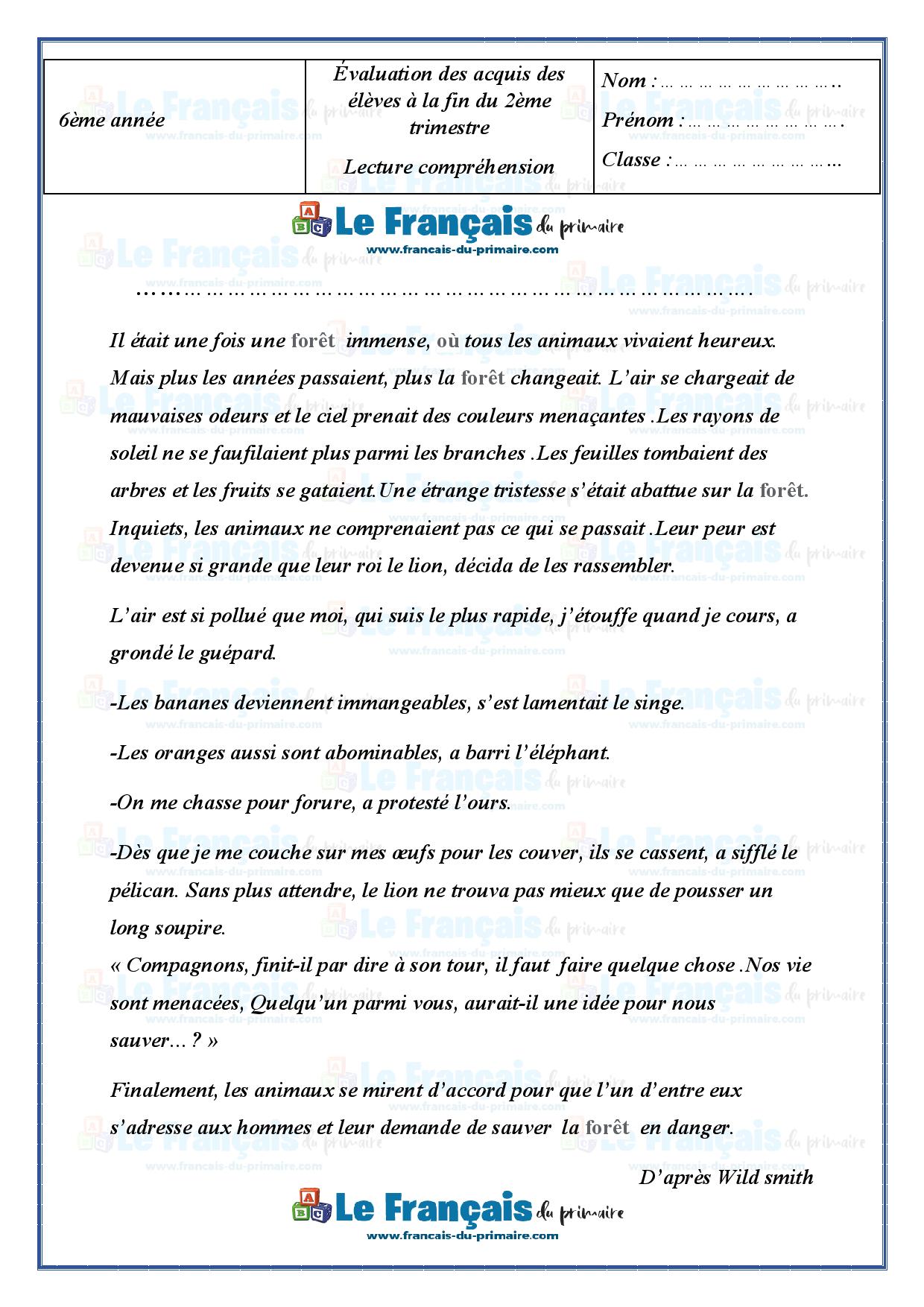 Examen 6 me Ann e Lecture Compr hension 2 me Trimestre exemple4 Le 