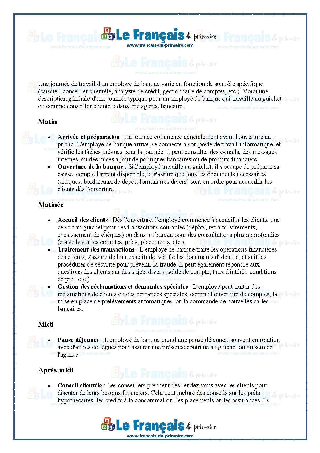La journée de l'employé de banque | Le français du primaire